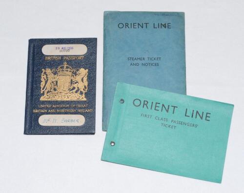 Wilfred &lsquo;Wilf&rsquo; Barber. Yorkshire & England 1926-1947. Original British passport issued to Barber on 19th August 1935 for the 1935/36 &lsquo;Young&rsquo; M.C.C. tour to Australia and New Zealand. Sold with the original Orient Line First Class Passengers&rsquo; Ticket issued