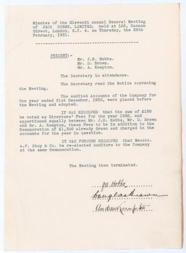 John Berry &lsquo;Jack&rsquo; Hobbs, Surrey & England 1905-1934. &lsquo;Minutes of the Eleventh Annual General Meeting of Jack Hobbs Limited&rsquo; 26th February 1931. Single page typed minutes listing those present including Hobbs, adoption of audited accounts, agreement of Dir