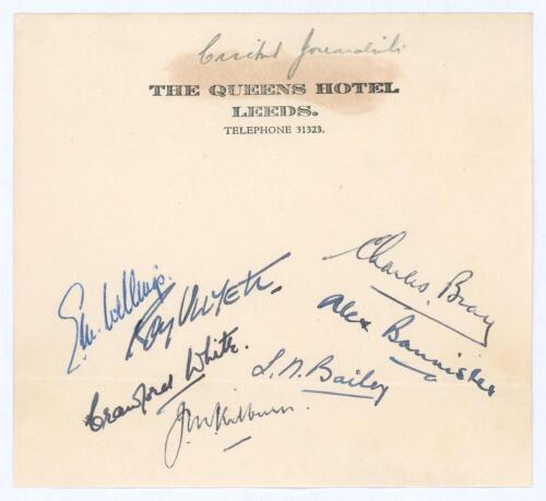 Cricket journalists, illustrators and authors. Seven nice signatures in ink signed to small Queens Hotel, Leeds, headed note paper. Signatures are E.M. Wellings, Roy Ullyett, Crawford White, Charles Bray, Alex Bannister, L.N. Baily, and J.M. Kilburn. Unda