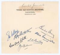 Cricket journalists, illustrators and authors. Seven nice signatures in ink signed to small Queens Hotel, Leeds, headed note paper. Signatures are E.M. Wellings, Roy Ullyett, Crawford White, Charles Bray, Alex Bannister, L.N. Baily, and J.M. Kilburn. Unda