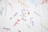 Yorkshire c.1950s. A tablecloth comprising thirty five embroidered signatures of Test and County cricketers and other sports personalities of the period, with Yorkshire white rose emblems to centre and four corners. The signatures were collected in pencil