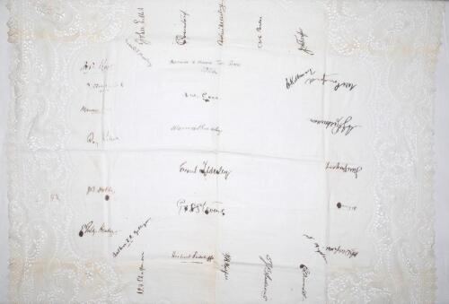 &lsquo;Australian & England Test Series 1926&rsquo;. A tablecloth with intricate decorative lacework borders, signed in black ink by twenty eight England and Australia Test players. Handwritten title to centre with the signatures of the England captain, Arthur Carr, 