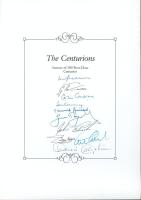 ‘The Centurions- Scorers of 100 First-Class Centuries’. Headed book insert by Boundary Books containing the signatures of ten players who have achieved the feat. Signatures, nicely signed in ink, by Don Bradman, Glenn Turner, Colin Cowdrey, Tom Graveney, 