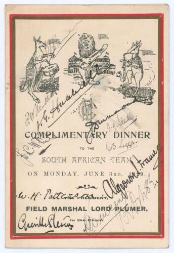 ‘Complimentary Dinner to the South African Team’ 1929. Official folding menu for the dinner given by the M.C.C. at the Lord’s Hotel, London, 3rd June 1929. ‘The President, Field Marshall Lord Plumer, in the Chair’. The front cover with printed titles belo