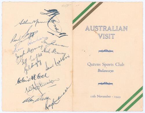 Australia tour to South Africa 1949/50. Official menu for the dinner held for the ‘Australian Visit’ at the Queens Sports Club, Bulawayo, 11th November 1949, held after the first day’s play of the tour match against Rhodesia. The folding menu with Austral