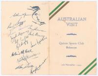 Australia tour to South Africa 1949/50. Official menu for the dinner held for the ‘Australian Visit’ at the Queens Sports Club, Bulawayo, 11th November 1949, held after the first day’s play of the tour match against Rhodesia. The folding menu with Austral