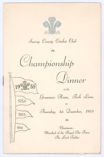 ‘Surrey County Cricket Club Championship Dinner’ 1955. Official menu for the Dinner held at The Grosvenor House, Park Lane on the 1st December 1955. The menu with raised silver club emblem of the Prince of Wales feathers and titles to front cover, inside 