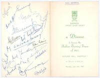 India tour to England 1967. Official folding menu for the dinner given by the Sheffield Cricket Lovers’ Society ‘to honour the Indian Touring Team of 1967’. Held at Cutlers’ Hall, Sheffield, 3rd July 1967. Signed in ink to the rear cover by eighteen atten