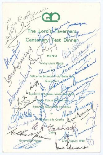 The Lord’s Taverners Centenary Test Dinner’ 1980. Official double sided menu card for the Dinner held at Grosvenor House on the 27th August 1980. Signed to face by twenty nine guests including Hassett, I. Johnson, O’Brien, O’Neill, Rigg, Ring, Redpath, A.