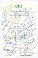 The Lord’s Taverners Centenary Test Dinner’ 1980. Official double sided menu card for the Dinner held at Grosvenor House on the 27th August 1980. Signed to face by twenty nine guests including Hassett, I. Johnson, O’Brien, O’Neill, Rigg, Ring, Redpath, A.