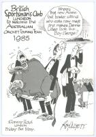 Australia tour to England 1985. Official British Sportsman’s Club Luncheon menu to the Australian Cricket Touring Team 1985. Held at the Savoy Hotel, 3rd May 1985. With cartoon to cover by Roy Ullyett. Signed to inside menu pages by thirteen members of th