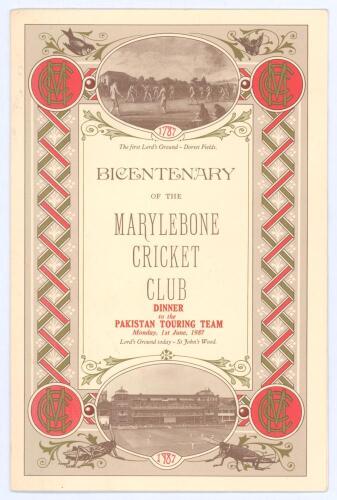 ‘Bicentenary of the Marylebone Cricket Club Dinner to the Pakistan Touring Team’ 1987. Official folding menu for the dinner held at Lord’s, 1st June 1987. Signed to the inside by eight of England and Pakistan. Signatures are Asif Mujtaba, Gubby Allen, Pau