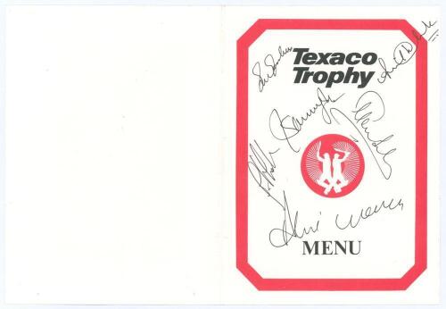 England v India 1990. Official folding menu for lunch at Trent Bridge for the 2nd one day international played 20th July 1990. Signed to the front and inside by fifteen members of the India touring party. Signatures include Gavaskar, Sharma, Prabhakar, Ku