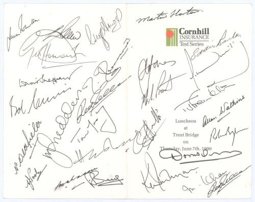 England v New Zealand. 1st Test, Trent Bridge 1990. Two official menus for Luncheon at Trent Bridge held during the first Test at Trent Bridge. One dated Thursday 7th June 1990 (first day’s play) signed in ink by twenty eight players and attendees, the ot