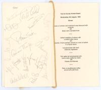 England v Australia 1993. Official menu for the Dinner held at the Chamberlain Suite, Swallow Hotel, Birmingham, 4th August 1993, on the eve of the 5th Test at Edgbaston. Signed in pencil by fifteen of the England Test squad. Signatures in pencil include 