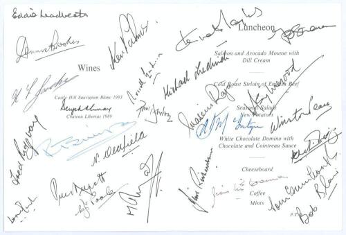 England v New Zealand 1994. Official menu for the lunch held in the M.C.C. Official Guests’ Marquee at Lord’s, Saturday 18th June 1994, during the 2nd Test match. Signed in ink to the centre pages by twenty six attendees including Eddie Leadbeater, Dennis