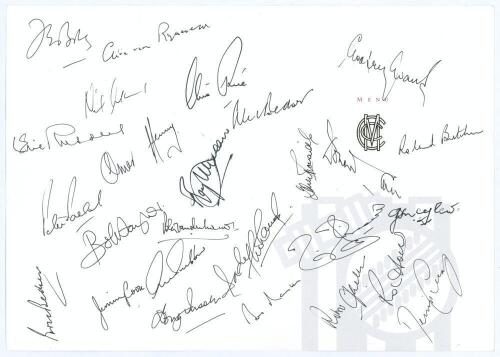 England v South Africa 1994. Official menu for lunch at Lord’s, Thursday 21st July 1994, the first day of the first Test match. Signed in ink to the front and back by twenty seven attendees. Signatures include Clive Rice, Clive van Ryneveld, Godfrey Evans