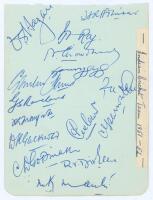 ‘Indian Cricket Team 1951-52’. Album page signed in blue ink by fifteen India players for the Test series against England 1951/52. Signatures are Hazare (Captain), Adhikari, Roy, Chowdhury, Shinde, Ghulam Ahmed, Ramchand, Umrigar, D.K. Gaekwad, Gopinath, 