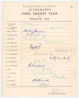 India tour to England 1952. Rare official autograph sheet with printed title ‘With the compliments of The Manager, India Cricket Team. Autographs. India Cricket Team in England 1952’ and players’ names to side. Fully and nicely signed in different coloure