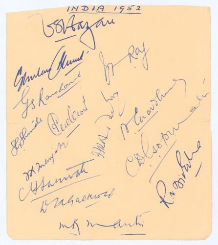 India Tour to England 1952. Album page signed in blue ink by fourteen members of the Indian touring party. Signatures are Hazare (Captain), Ghulam Ahmed, Ramchand, Roy, Shinde, Phadkar, Adhikari, Chowdhury, Manjrekar, Sarwate, Gopinath, D.K. Gaekwad, Dive