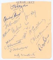 India Tour to England 1952. Album page signed in blue ink by fourteen members of the Indian touring party. Signatures are Hazare (Captain), Ghulam Ahmed, Ramchand, Roy, Shinde, Phadkar, Adhikari, Chowdhury, Manjrekar, Sarwate, Gopinath, D.K. Gaekwad, Dive