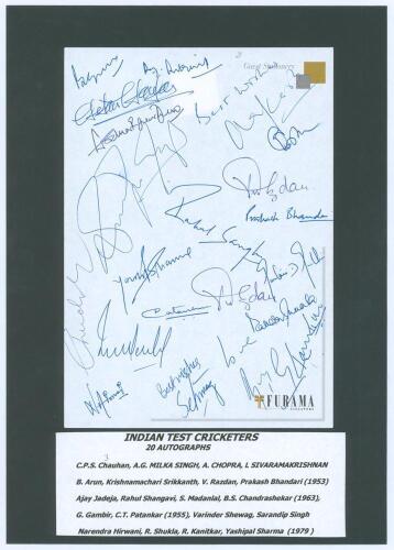 India Test cricketers 1955-2016. Twenty one signatures in blue ink of Indian Test cricketers, signed to Furama Singapore hotel headed note paper laid to black page. Signatures are B. Arjun, A.G. Milka Singh, C. Chauhan, L. Sivaramakrishnan, A. Chopra, K. 