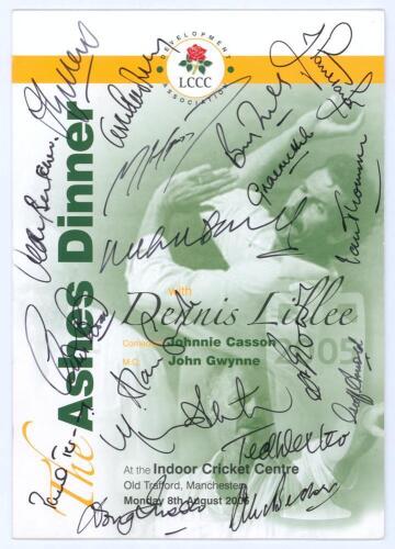 ‘The Ashes Dinner’ 2005. Original folding menu for the dinner given by the Lancashire C.C.C. Development Association, held at Old Trafford, 8th August 2005. Multi-signed to front cover and inside by forty five attendees. Signature include guest speaker, D