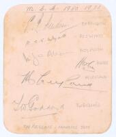 M.C.C. tour to South Africa 1930/31. Small album page signed in pencil to one side by Hendren, Wyatt, Allom, Leyland and Goddard, and to verso Tate. Some foxing, otherwise in good condition. Sold with a collection of fifteen signatures in ink and pencil o