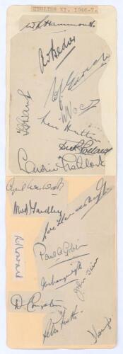 M.C.C. tour to Australia 1946/47. Eighteen signatures in ink of the full M.C.C. touring party, signed to trimmed album pages and pieces laid down to double album page. Signatures are Hammond (Captain), Bedser, Edrich, Evans, Voce, Hutton, Pollard, Fishloc