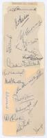 M.C.C. tour to Australia 1946/47. Eighteen signatures in ink of the full M.C.C. touring party, signed to trimmed album pages and pieces laid down to double album page. Signatures are Hammond (Captain), Bedser, Edrich, Evans, Voce, Hutton, Pollard, Fishloc