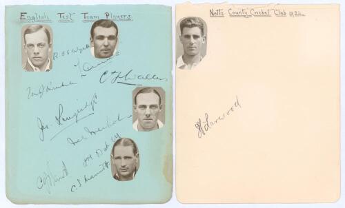 ‘English Test Team Players’ 1930’s. Album page signed in ink by nine England players. Signatures are R.E.S. Wyatt, Ames, Turnbull, Walters, Langridge, M.S. Nichols, Barnett, Marriott and Bakewell [?] (poorly signed). Plus a further album page very nicely 