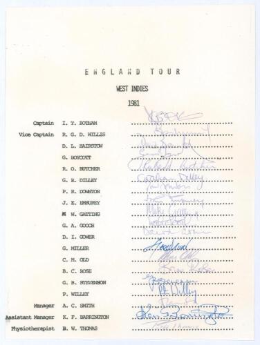 England Tour to West Indies 1981. Rarer official autograph sheet with printed title and players’ names. Fully signed in ink by all nineteen original members of the touring party. Signatures are Botham (Captain), Willis, Bairstow, Boycott, Butcher, Dilley,