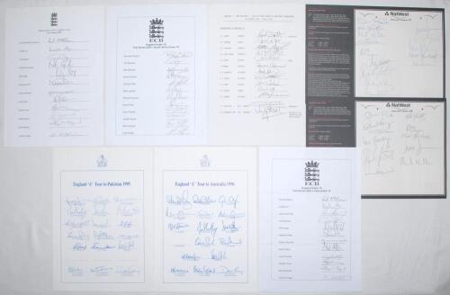 England ‘A’, England Under 19, Universities, Scotland and Holland autograph sheets 1984-2023. Twenty five official sheets (unless stated). Sheets are England ‘A’ Tours to Pakistan 1995 (18), Australia 1996 (16). England Under 19 Test Series v India U19 20