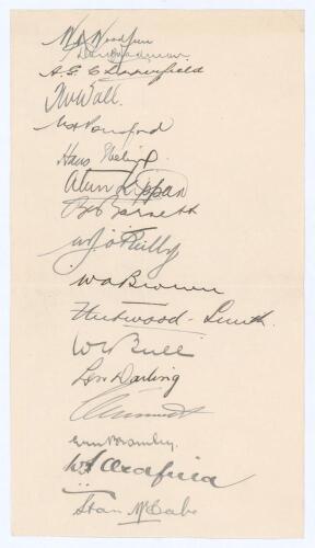 Australian tour of England 1934. Oblong paper page very nicely signed in ink by all seventeen members of the Australian touring party including the Treasurer W.C. Bull. Signatures are Woodfull, Bradman, Chipperfield, Wall, Ponsford, Ebeling, Kippax, Barne