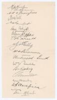 Australian tour of England 1934. Oblong paper page very nicely signed in ink by all seventeen members of the Australian touring party including the Treasurer W.C. Bull. Signatures are Woodfull, Bradman, Chipperfield, Wall, Ponsford, Ebeling, Kippax, Barne