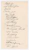 Australian tour of England 1934. Oblong paper page very nicely signed in ink by all seventeen members of the Australian touring party including the Treasurer W.C. Bull. Signatures are Woodfull, Bradman, Chipperfield, Wall, Ponsford, Ebeling, Kippax, Barne