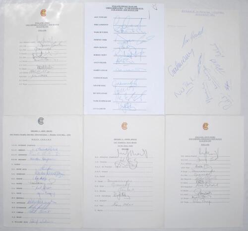 England and West Indies 1988-1996. Four official autograph sheets for international matches at Lord’s. Teams are West Indies for the 3rd One-day International v England, 23rd May 1988 (two copies both signed by 13). England for the 1st Test v South Africa