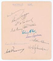 Australia tour to England 1948. Large album page nicely signed in different coloured inks by eleven members of the Australian touring party. Signatures are Bradman (Captain), Saggers, Toshack, Harvey, Tallon, McCool, Loxton, Morris, Hamence, Brown and Joh