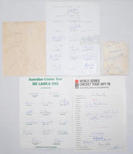 Australia autograph sheets and pages 1957-1997. Two official autograph sheets, one for the Australian tour to Sri Lanka 1983 fully signed by all sixteen players, and the World Series Cricket Tour 1977/78, incomplete with seventeen signatures. Also an unof