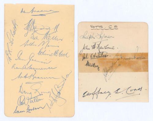 Australia tour to England 1948. Two album pages comprising signatures in ink of all seventeen members of the 1948 Australian touring party to England. One page is uniformly signed in blue ink by thirteen players. Signatures are Bradman (Captain), Hassett,