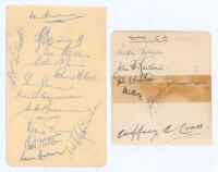 Australia tour to England 1948. Two album pages comprising signatures in ink of all seventeen members of the 1948 Australian touring party to England. One page is uniformly signed in blue ink by thirteen players. Signatures are Bradman (Captain), Hassett,