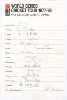 Australia. World Series Cricket Tour 1977/78. Official autograph sheet signed by all fifteen listed members of the World Team. Signatures are Greig (Captain), Zaheer Abbas, Amiss, Barlow, Asif Iqbal, Imran Khan, Moin Khan, Knott, Mushtaq Mohammad, Procter