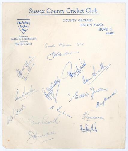 South Africa tour of England 1955. Sussex C.C.C. headed paper signed in blue by fourteen members of the South African team including the team that played Sussex in a tour match in June 1955. Signatures include McGlew (Captain), Cheetham, Tayfield, Fuller,