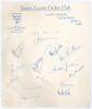 South Africa tour of England 1955. Sussex C.C.C. headed paper signed in blue by fourteen members of the South African team including the team that played Sussex in a tour match in June 1955. Signatures include McGlew (Captain), Cheetham, Tayfield, Fuller,