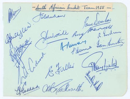 South Africa tour to England 1955. Album page fully signed in blue ink by all seventeen members of the South African touring party. Signatures are Cheetham (Captain), McGlew, McLean, Adcock, Goddard, Waite, Fuller, Duckworth, Murray, Heine, Winslow, Manse