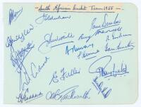 South Africa tour to England 1955. Album page fully signed in blue ink by all seventeen members of the South African touring party. Signatures are Cheetham (Captain), McGlew, McLean, Adcock, Goddard, Waite, Fuller, Duckworth, Murray, Heine, Winslow, Manse