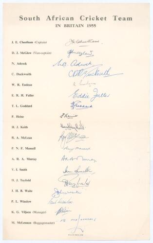 ‘South African Cricket Team in Britain 1955’. Official oversize untrimmed autograph sheet with printed title and players’ names. Very nicely and fully signed in ink by all eighteen members of the touring party. Players’ signatures are Cheetham (Captain), 