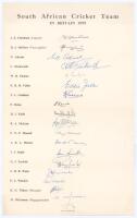 ‘South African Cricket Team in Britain 1955’. Official oversize untrimmed autograph sheet with printed title and players’ names. Very nicely and fully signed in ink by all eighteen members of the touring party. Players’ signatures are Cheetham (Captain), 