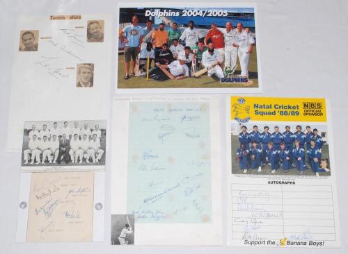 South Africa 1956/57. Ruled page laid to larger page with fifteen signatures including the eleven members of the South Africa team who played England in the 3rd Test at Durban, 25th- 30th January 1957. Players’ signatures include van Ryneveld (Captain), M