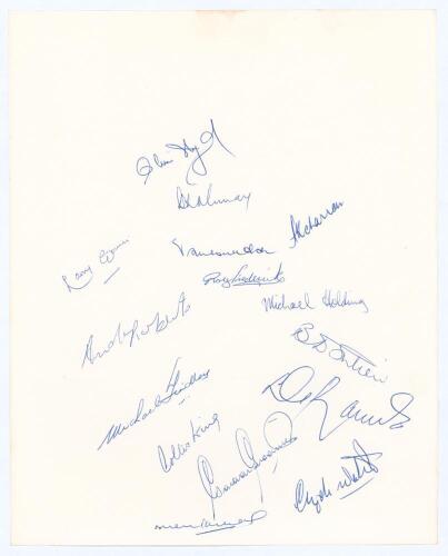 West Indies tour to England 1976. Large plain white page nicely signed in blue ink by fifteen members of the West Indies touring party. Signatures are Lloyd (Captain), Murray, Gomes, Holder, Kallicharran, Fredericks, Roberts, Holding, Julien, Findlay, Kin